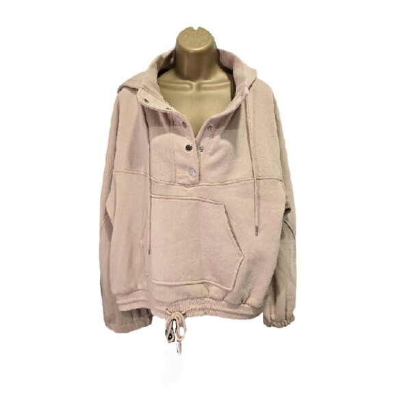 Tan Beige Fleece Hoodie Womens Med Pouch Oversized Drawstring Snaps Loungewear - Picture 1 of 7